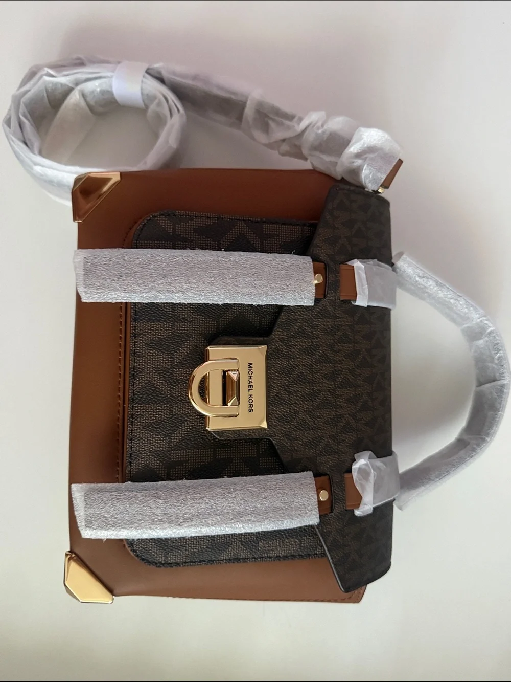 Michael Kors Brown Logo Satchel with Tan Trim and Gold Hardware